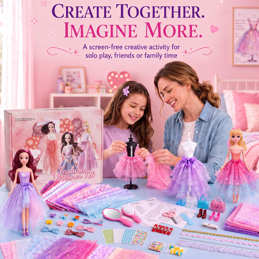 BEEPRINCESS 1500+ Pcs Fashion Designer Kit for Girls, DIY Doll Clothes Making Sewing Kit with 2 Dolls, 6 Mannequins, 60 Fabrics, Templates, Ribbons, Shoes & Bags, Arts and Crafts Toy Gift for Ages 6+