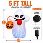 BEEPRINCESS 5FT Halloween Inflatable Ghost Holding Pumpkin Lantern, Light-Up Blow Up Outdoor Yard Decoration with RGB LED Lights