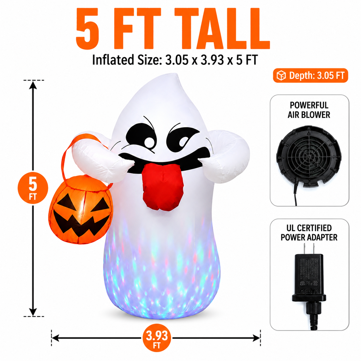 BEEPRINCESS 5FT Halloween Inflatable Ghost Holding Pumpkin Lantern, Light-Up Blow Up Outdoor Yard Decoration with RGB LED Lights