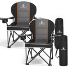 ELFWOLF 2 Pack Oversized Padded Camping Chairs, 450 lb Heavy Duty Folding Camp Chairs for Adults with Cooler Bag, Cup Holder, Rear Mesh Pocket and Carry Bags, Black/Dark Gray