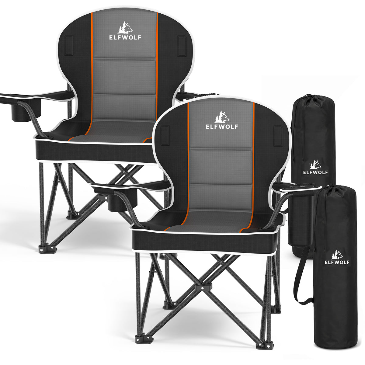 ELFWOLF 2 Pack Oversized Padded Camping Chairs, 450 lb Heavy Duty Folding Camp Chairs for Adults with Cooler Bag, Cup Holder, Rear Mesh Pocket and Carry Bags, Black/Dark Gray