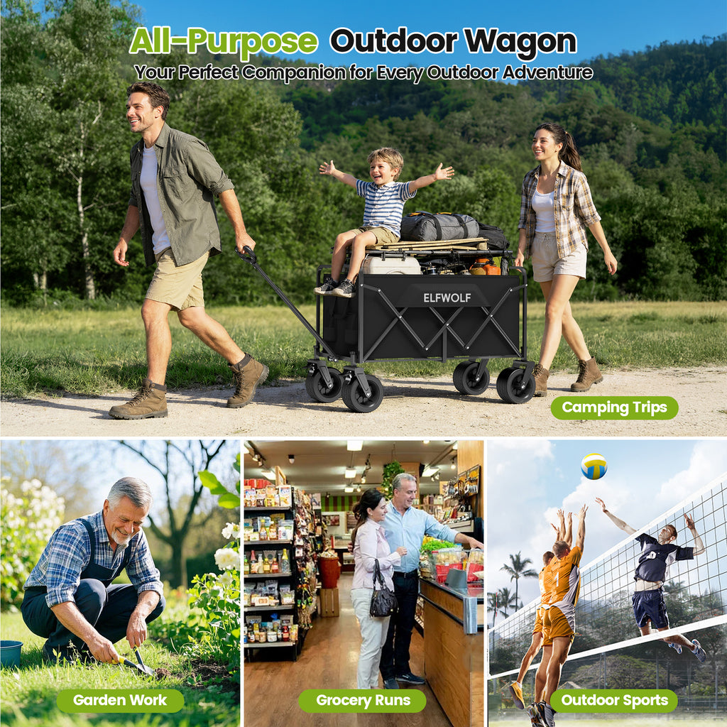 ELFWOLF Heavy Duty Folding Wagon Cart, 330 lb Load Capacity, All-Terrain Wheels, Portable Collapsible Wagon for Camping, Gardening, Sports, Shopping & Grocery Transport