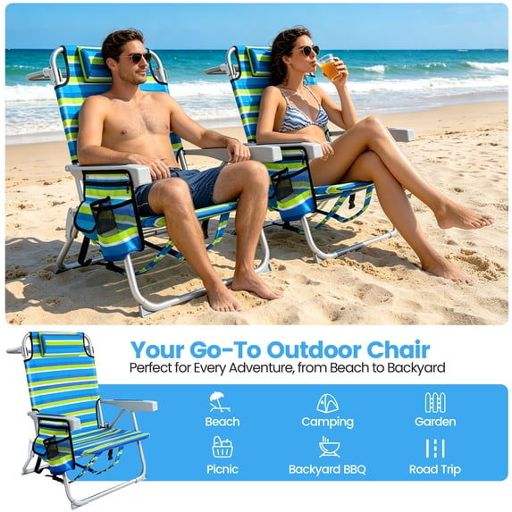 ELFWOLF Backpack Beach Chair for Adults, Lightweight Portable Folding Sand Chair, Double-Layer Oxford Fabric Supports up to 350 LBS, Blue & Green Stripe