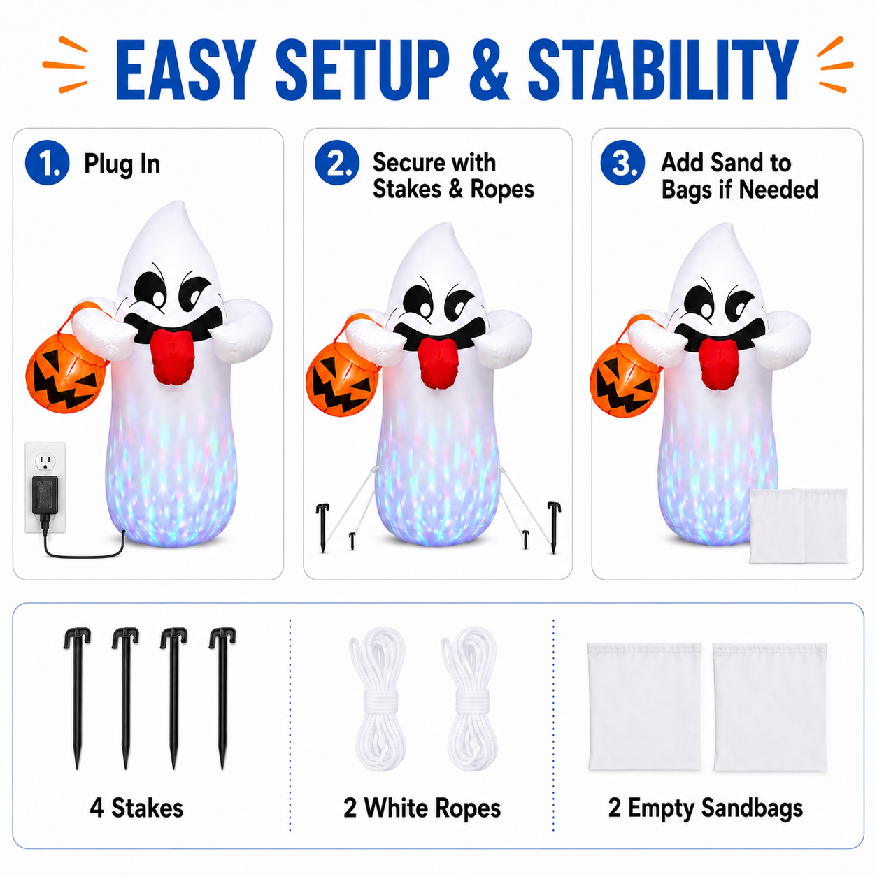 BEEPRINCESS 5FT Halloween Inflatable Ghost Holding Pumpkin Lantern, Light-Up Blow Up Outdoor Yard Decoration with RGB LED Lights