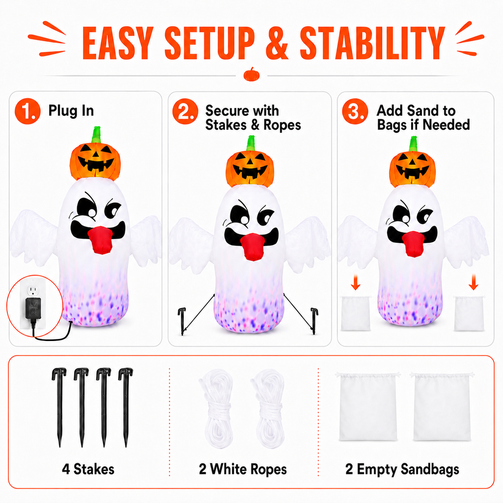 BEEPRINCESS 6FT Halloween Inflatable Ghost with Pumpkin Head, Light-Up Blow Up Outdoor Yard Decoration with White and RGB LED Lights