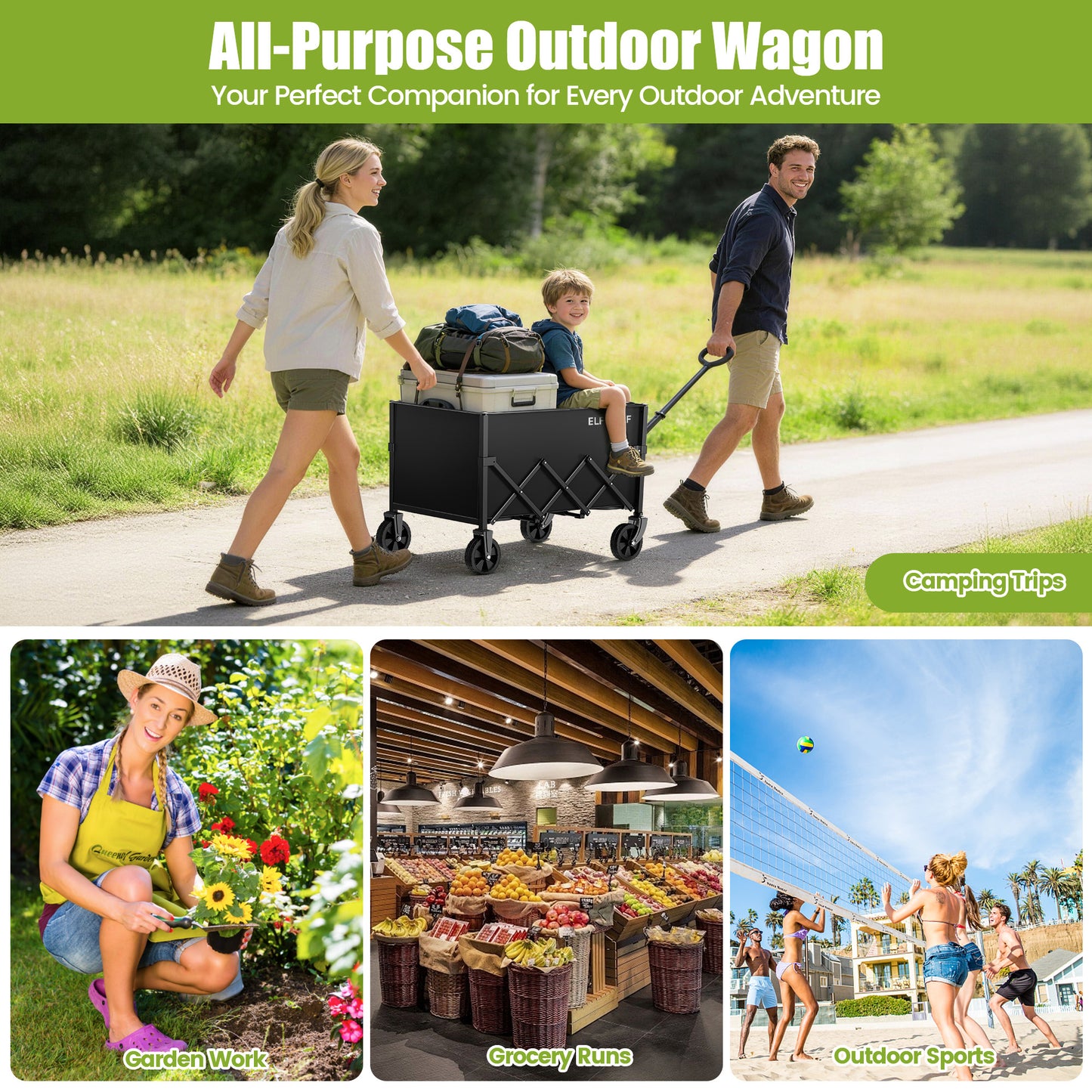 ELFWOLF Collapsible Wagon Cart, 220 lb Load Capacity, Lightweight Folding Wagon with Wheels for Camping, Gardening, Sports, Shopping & Grocery Transport