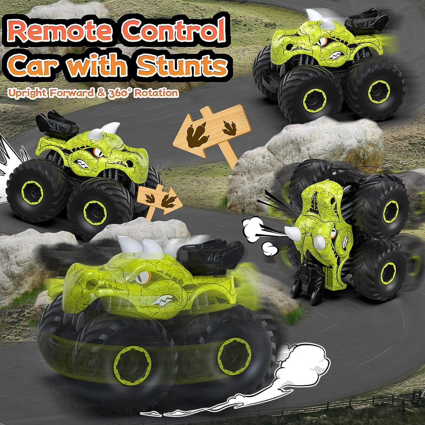 BEEPRINCESS Remote Control Car, 2.4GHz Monster Trucks for Boys Girls with Light, Sound & Spray, Dinosaur Toys Gift for Kids 3 4 5 6 7 8, All Terrain RC Cars for Toddlers with 2 Batteries, Red