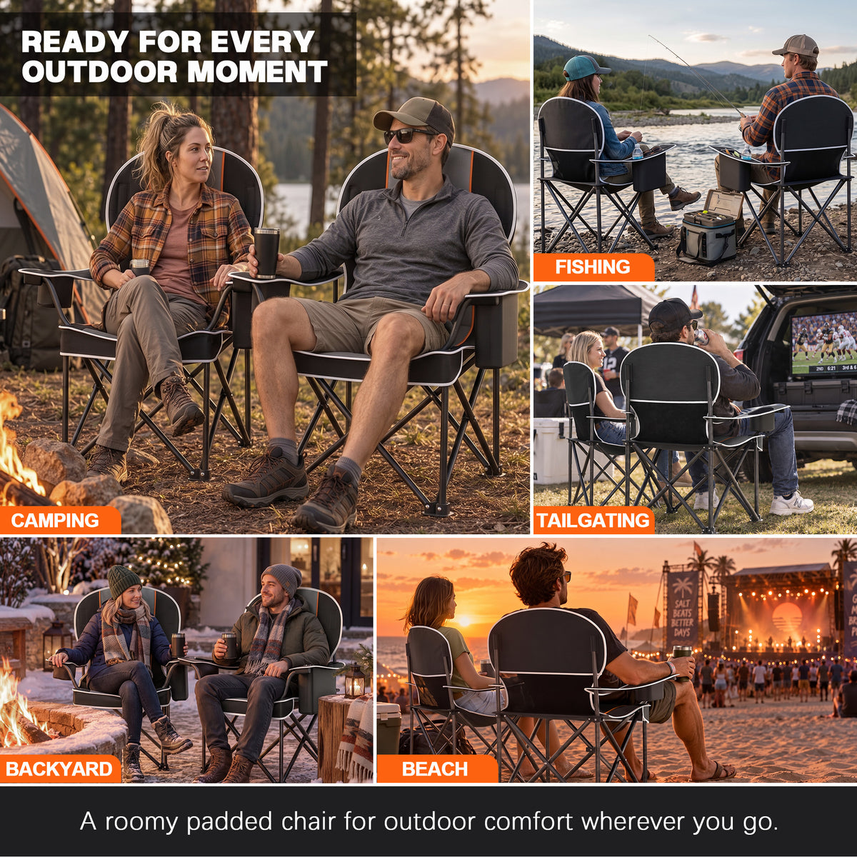 ELFWOLF 2 Pack Oversized Padded Camping Chairs, 450 lb Heavy Duty Folding Camp Chairs for Adults with Cooler Bag, Cup Holder, Rear Mesh Pocket and Carry Bags, Black/Dark Gray