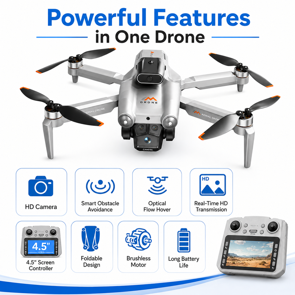 BEEPRINCESS M6 Foldable Drone with 1080p HD Camera, Brushless Motor, Obstacle Avoidance, 4.5 in Screen Controller, 2 Batteries