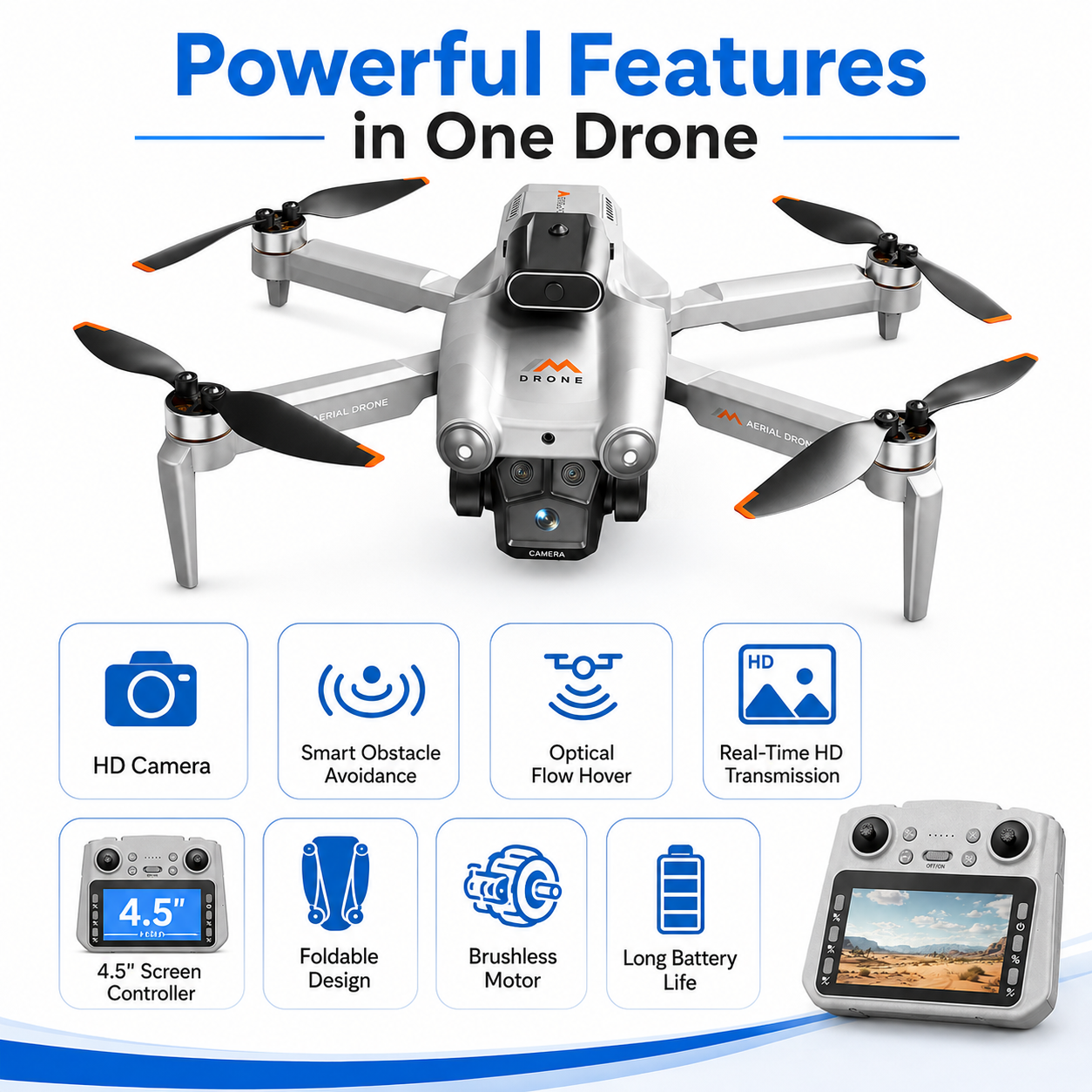 BEEPRINCESS M6 Foldable Drone with 1080p HD Camera, Brushless Motor, Obstacle Avoidance, 4.5 in Screen Controller, 2 Batteries