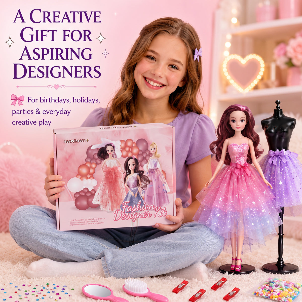 BEEPRINCESS 1500+ Pcs Fashion Designer Kit for Girls, DIY Doll Clothes Making Sewing Kit with 2 Dolls, 6 Mannequins, 60 Fabrics, Templates, Ribbons, Shoes & Bags, Arts and Crafts Toy Gift for Ages 6+