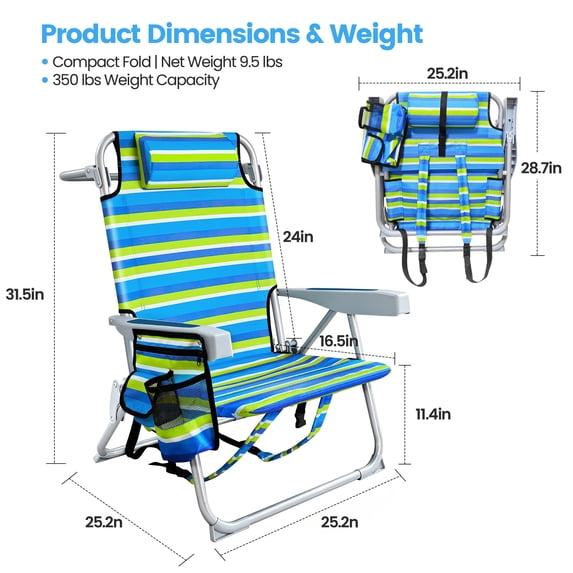 ELFWOLF Backpack Beach Chair for Adults, Lightweight Portable Folding Sand Chair, Double-Layer Oxford Fabric Supports up to 350 LBS, Blue & Green Stripe