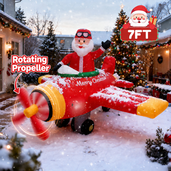 BEEPRINCESS 7ft Christmas Inflatable Santa Helicopter with Rotating Propellers & LED Lights, Flying Santa Claus Outdoor Christmas Decoration for Yard Lawn Garden Party