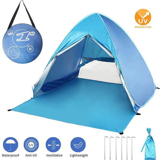 BEEPRINCESS Beach Tent, Anti-UV Pop Up Sun Shelter Beach Tent With Carry Bag for 2-3 Person, Lightweight & Easy Setup Beach Tent, Blue