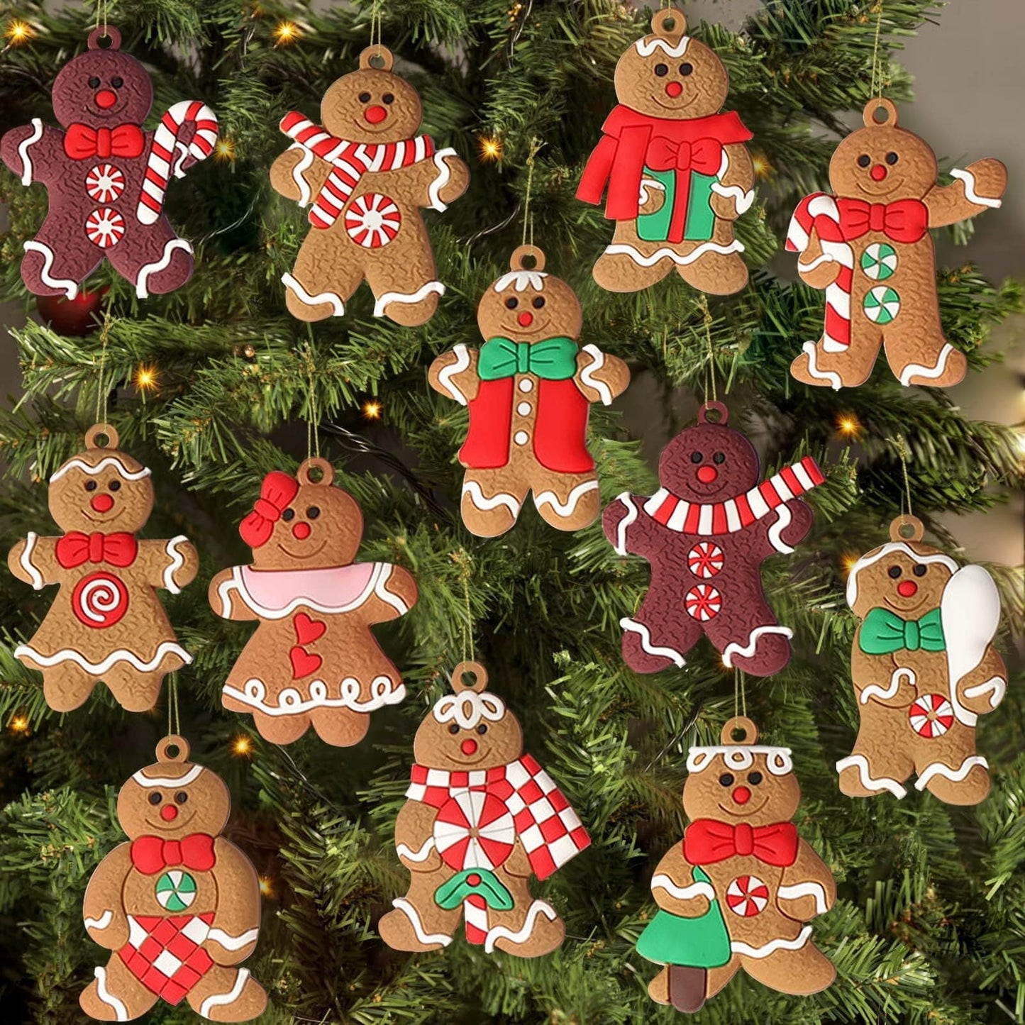 12-Piece Adorable Gingerbread Man Ornaments for Christmas Tree Decor, Indoor Holiday Displa