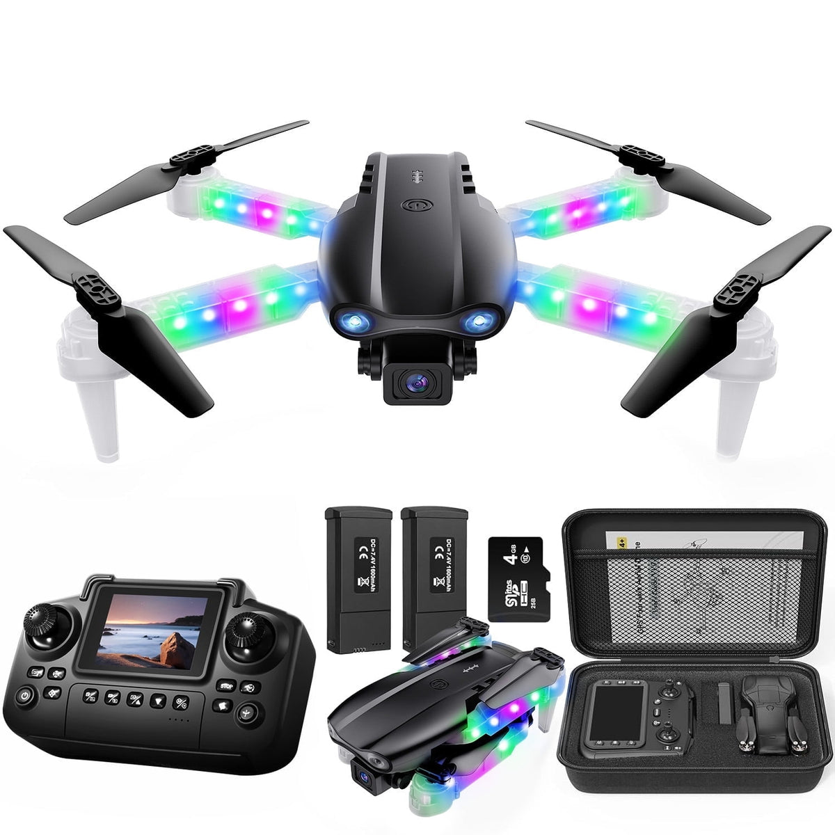 BEEPRINCESS Drone with Screen Remote Control and Cool Lights, RC Quadcopter with 4K HD Dual Camera for Beginner Adults Kids, Black