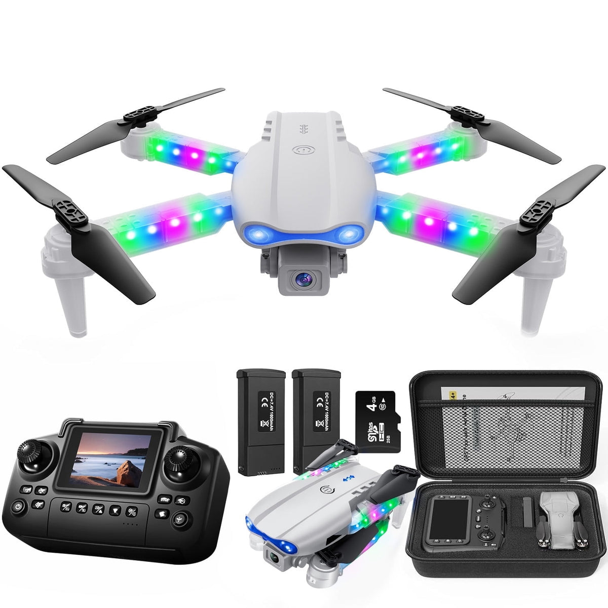 BEEPRINCESS Drone with Screen Remote Control and Cool Lights, RC Quadcopter with 4K HD Dual Camera for Beginner Adults Kids, Gray