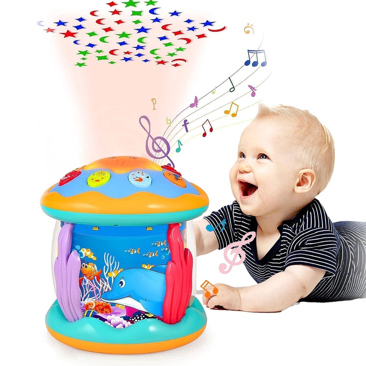 BEEPRINCESS Musical Learning Toys for 6-12 Months, 4-in-1 Ocean Rotating Star Light Projector, Sensory Crawling Toys for Infants, Babies, and Toddlers