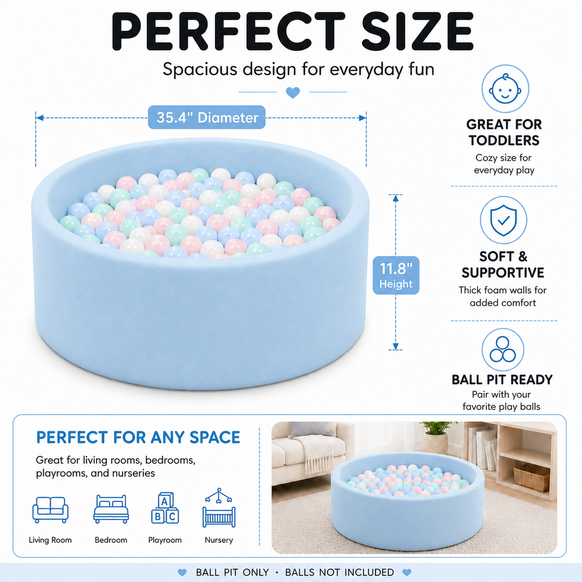 BEEPRINCESS Foam Ball Pit - Soft Play for Baby Infants and Toddlers Ages 1-3, Round Shape, No Balls Included, Blue