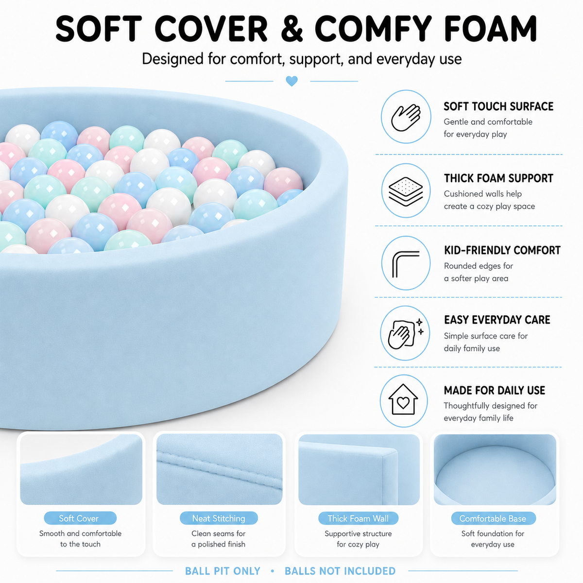 BEEPRINCESS Foam Ball Pit - Soft Play for Baby Infants and Toddlers Ages 1-3, Round Shape, No Balls Included, Blue