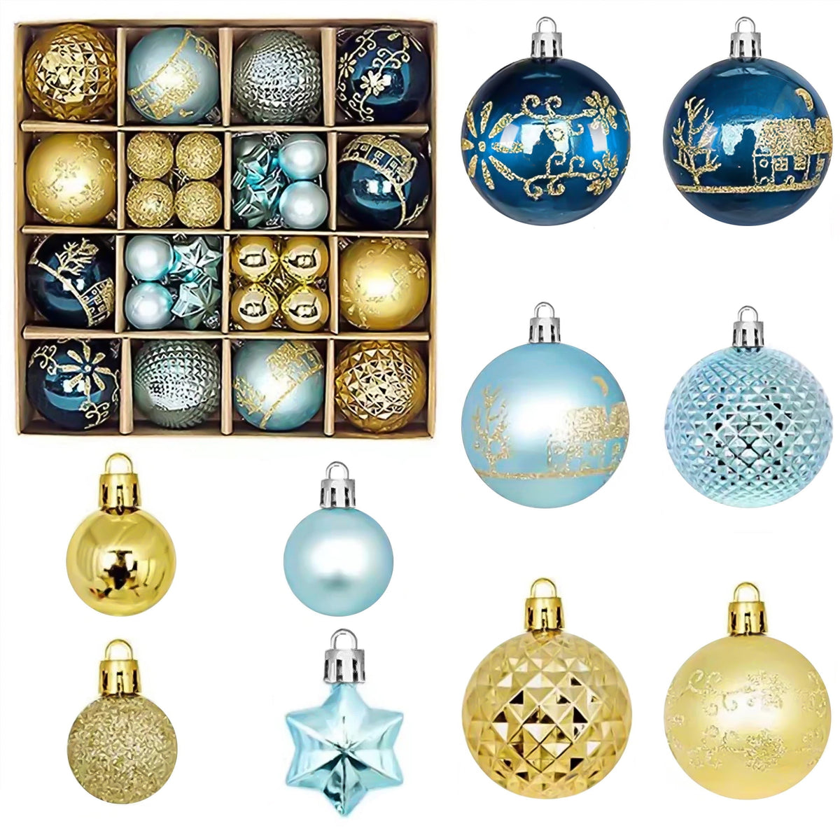 BeePrincess 44 Piece Christmas Ornament Set, Blue and Gold, Holiday Tree Decorations