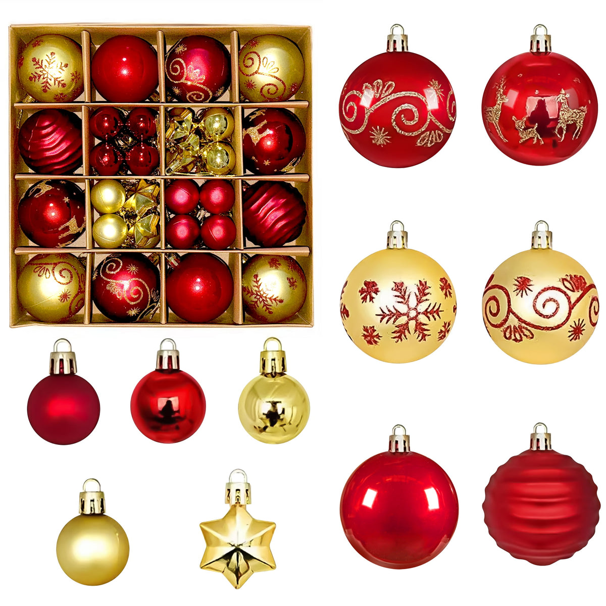 BeePrincess 44 Piece Christmas Ornament Set, Red and Gold, Holiday Tree Decorations