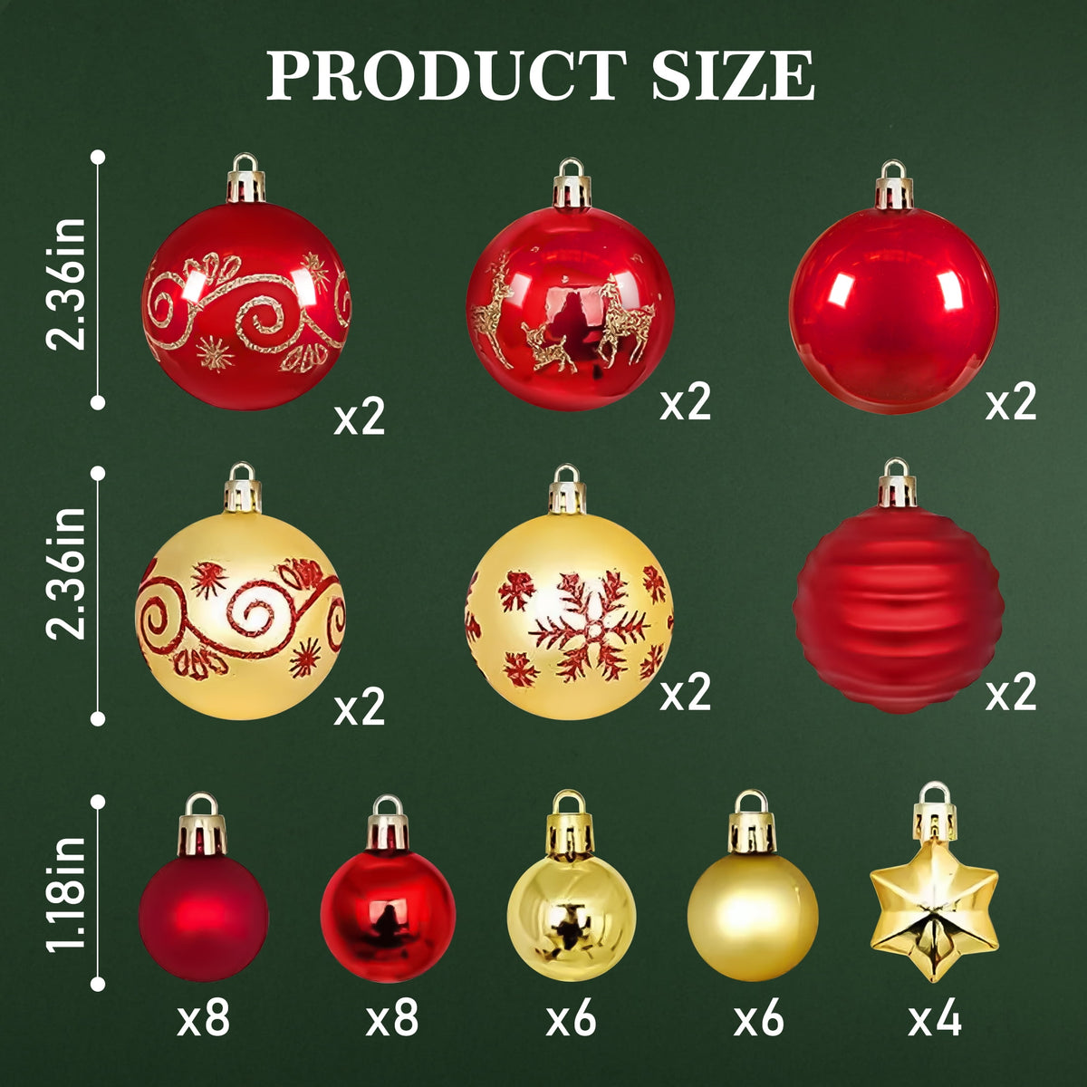 BeePrincess 44 Piece Christmas Ornament Set, Red and Gold, Holiday Tree Decorations