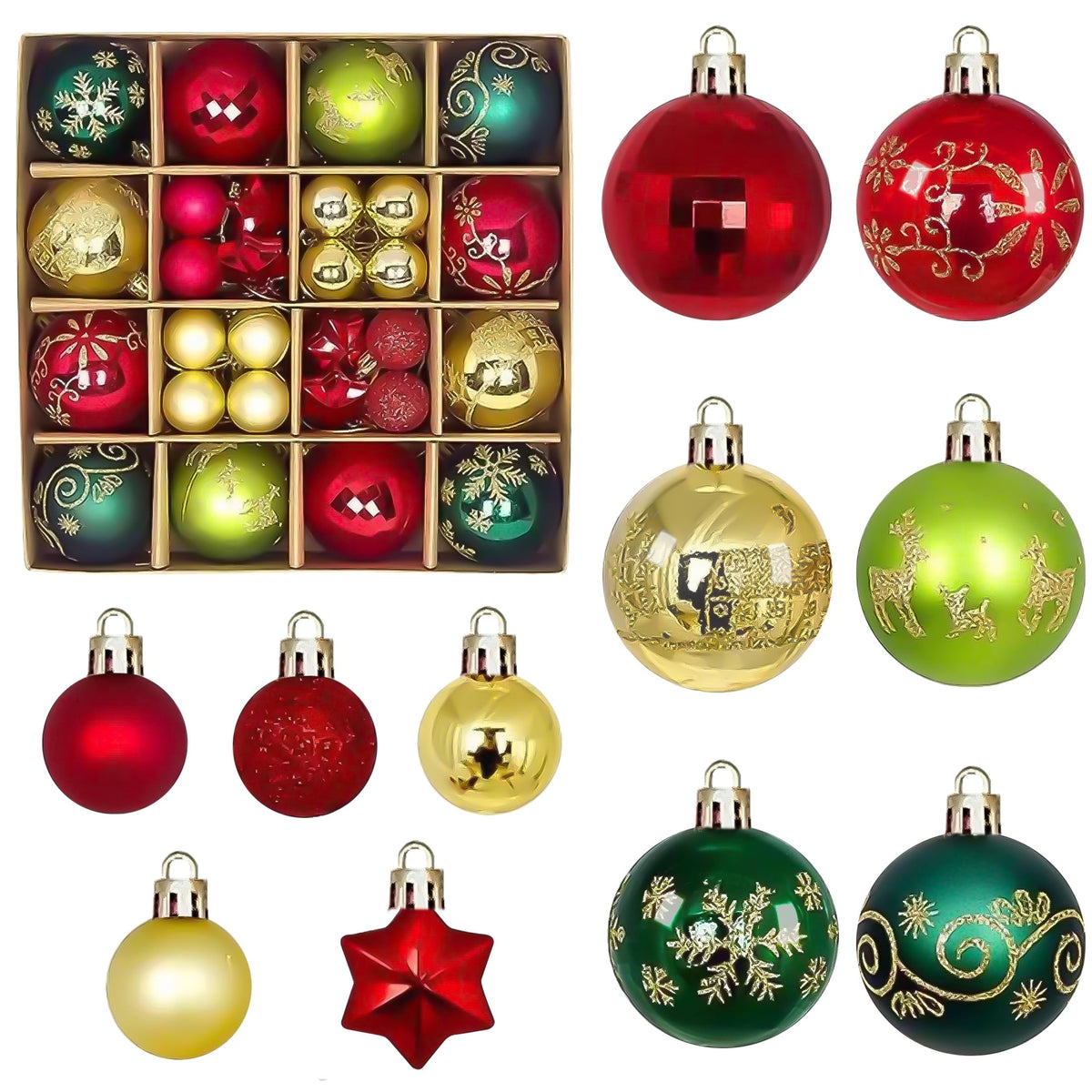 BeePrincess 44 Piece Christmas Ornament Set, Red, Gold, and Green, Holiday Tree Decorations