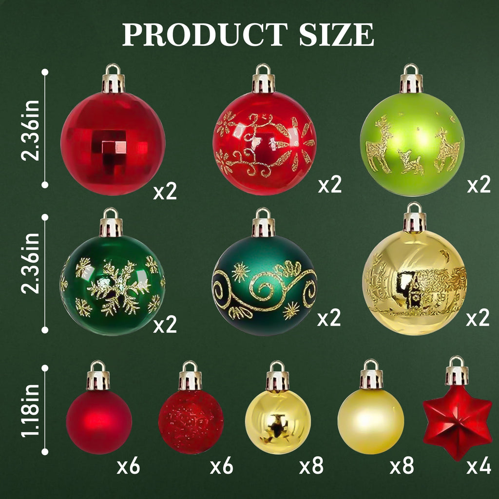 BeePrincess 44 Piece Christmas Ornament Set, Red, Gold, and Green, Holiday Tree Decorations