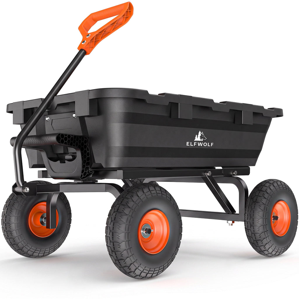ELFWOLF 900 lb Heavy Duty Garden Dump Cart, 4 cu ft Yard Wagon with Quick-Release Dump Bed and Expandable Wood Rail Design