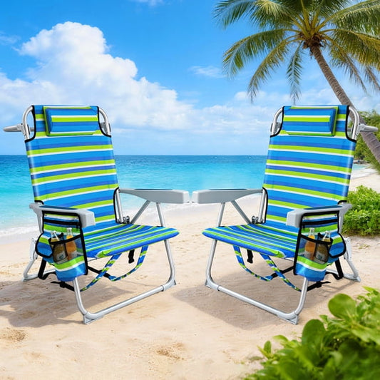 ELFWOLF Backpack Beach Chair Set of 2, 5-Position Adjustable Reclining Portable Outdoor Chair with Cup Holder, Storage Pouch, Towel Bars, Double-Layer Oxford Cloth, Blue & Green Stripe