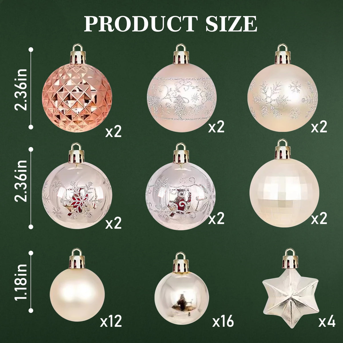 BeePrincess 44 Piece Christmas Ornament Set, White and Pink, Holiday Tree Decorations.