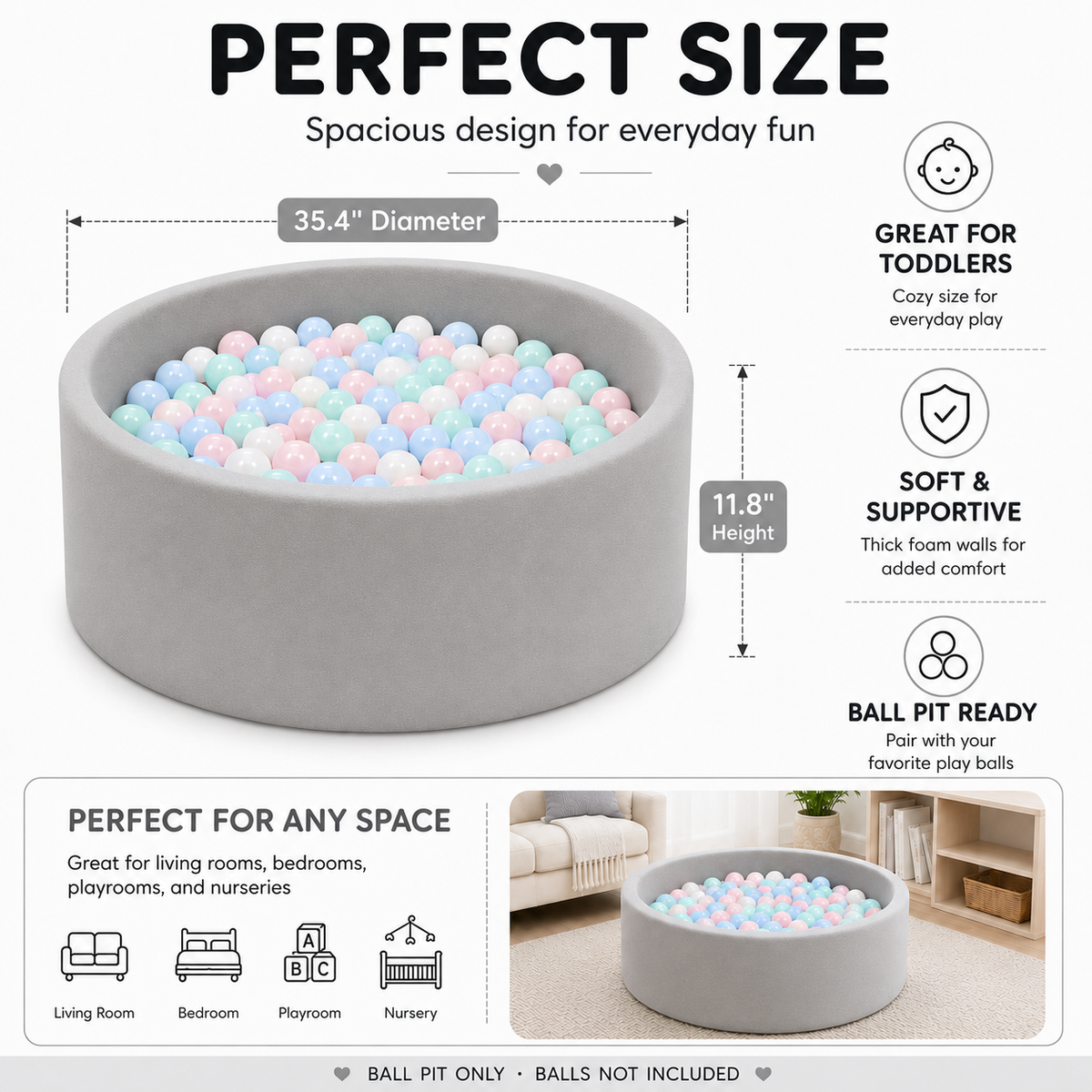 BEEPRINCESS Foam Ball Pit - Soft Play for Baby Infants and Toddlers Ages 1-3, Round Shape, No Balls Included, Gray