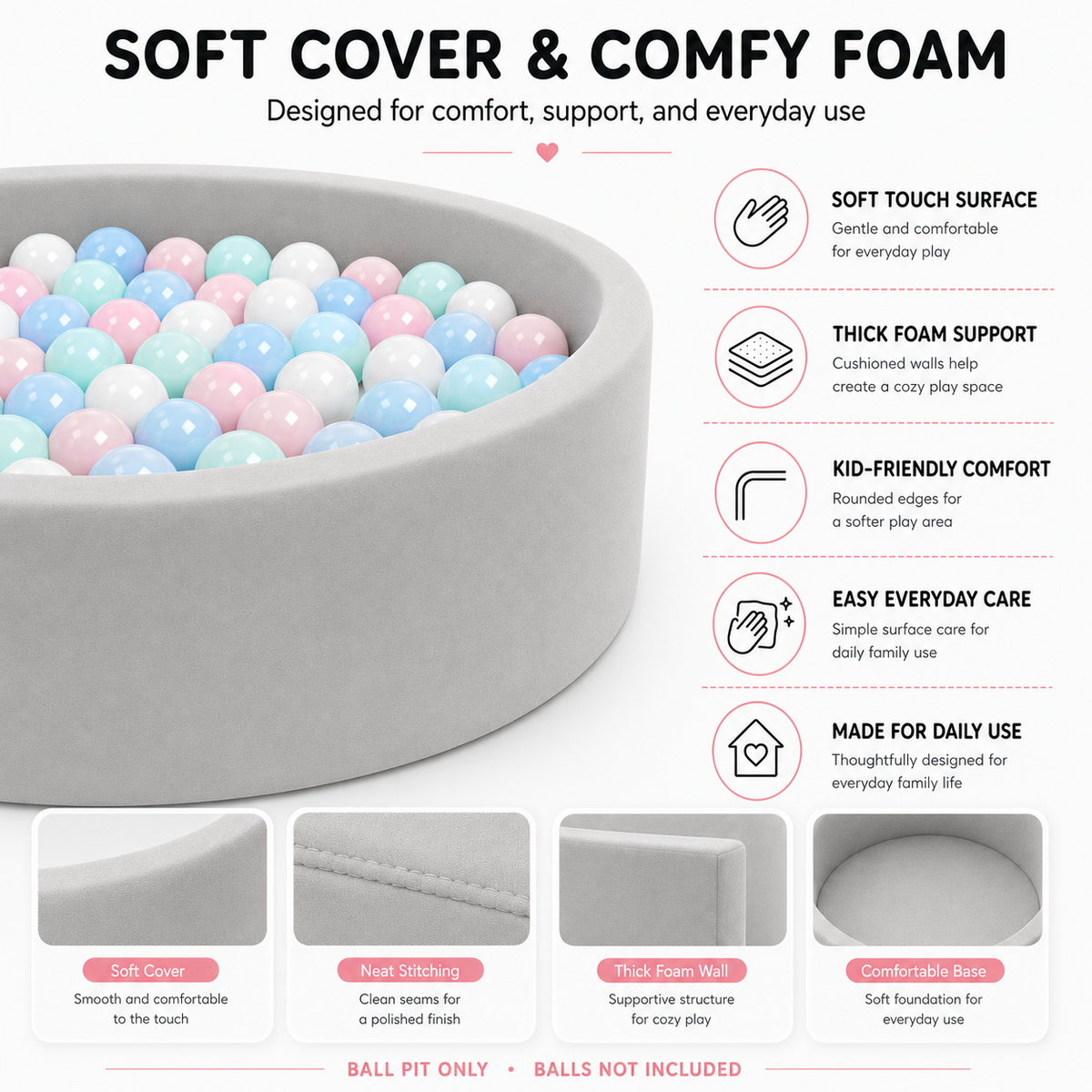 BEEPRINCESS Foam Ball Pit - Soft Play for Baby Infants and Toddlers Ages 1-3, Round Shape, No Balls Included, Gray