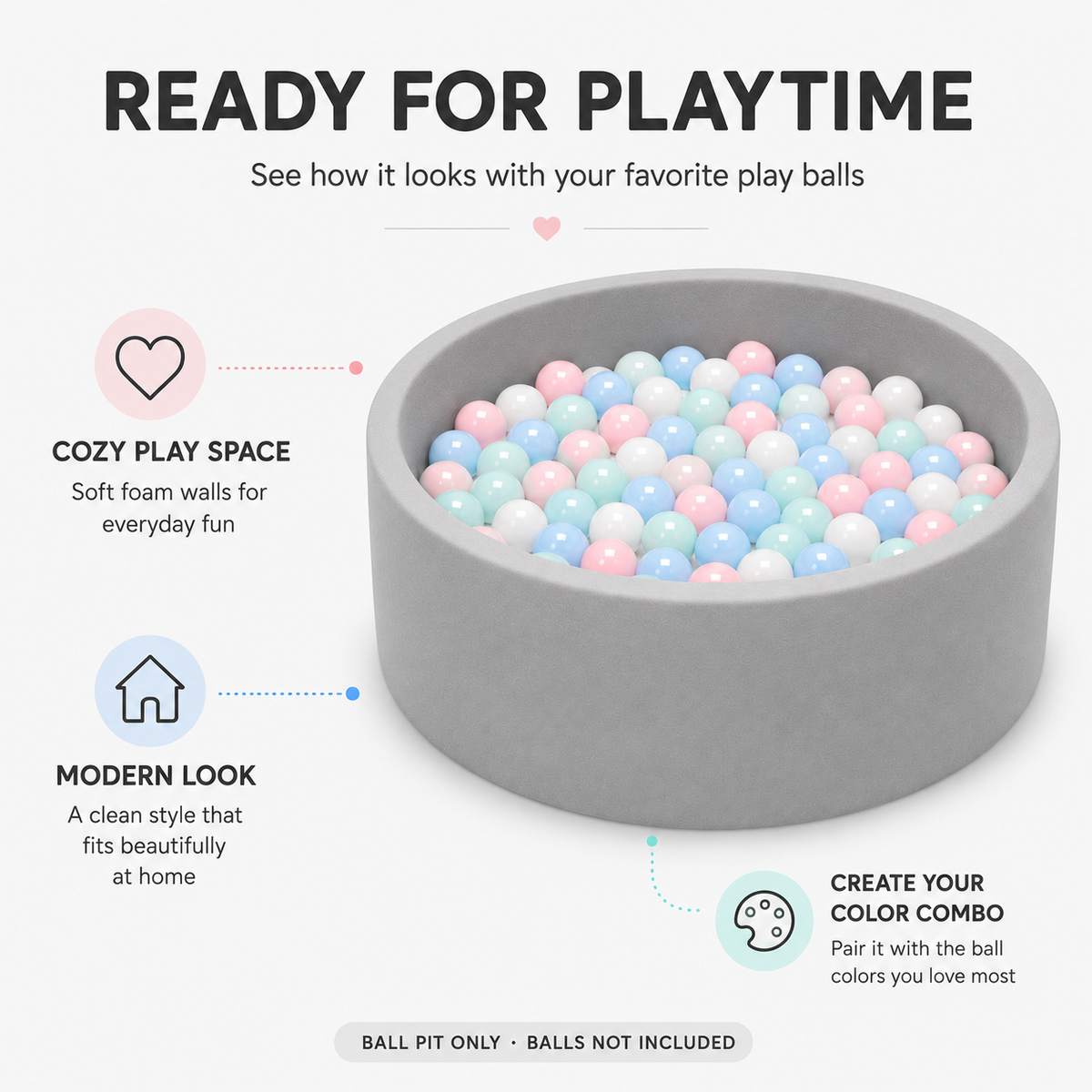 BEEPRINCESS Foam Ball Pit - Soft Play for Baby Infants and Toddlers Ages 1-3, Round Shape, No Balls Included, Gray