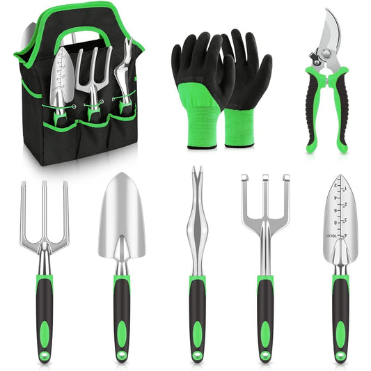 BEEPRINCESS Garden Tools Set, 8-Piece Heavy Duty Aluminum Garden Kit Gardening Gifts for Women and Men, Garden Hand Tools with Non-Slip Ergonomic Rubber Handle, Durable Storage Tote Bag, Green