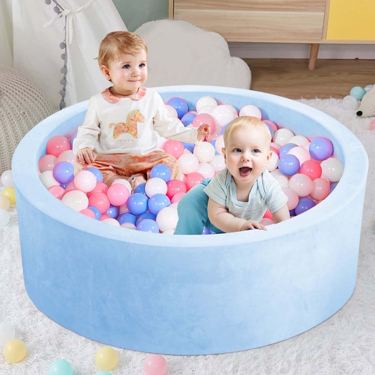 BEEPRINCESS Foam Ball Pit - Soft Play for Baby Infants and Toddlers Ages 1-3, Round Shape, No Balls Included, Blue