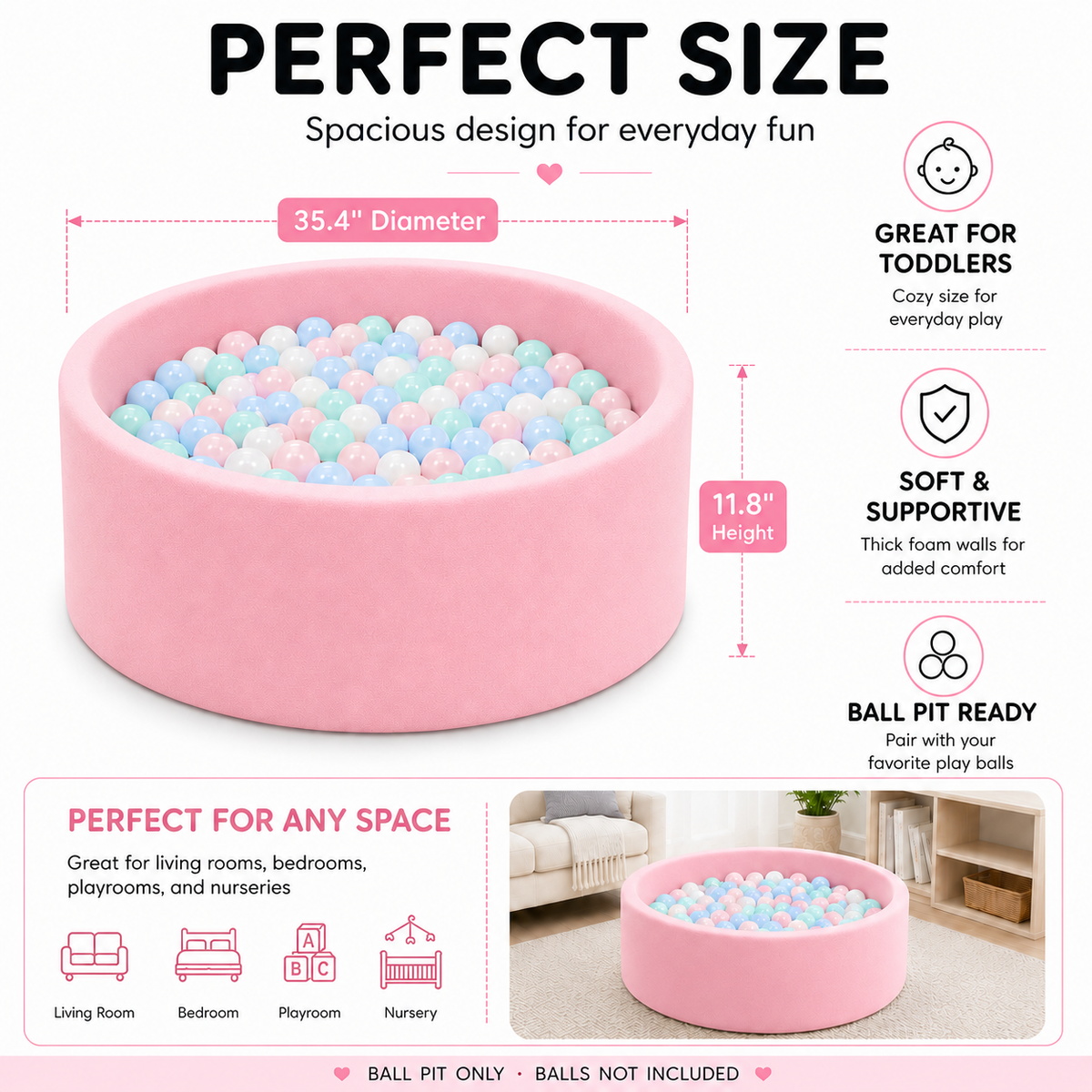 BEEPRINCESS Foam Ball Pit - Soft Play for Baby Infants and Toddlers Ages 1-3, Round Shape, No Balls Included, Pink