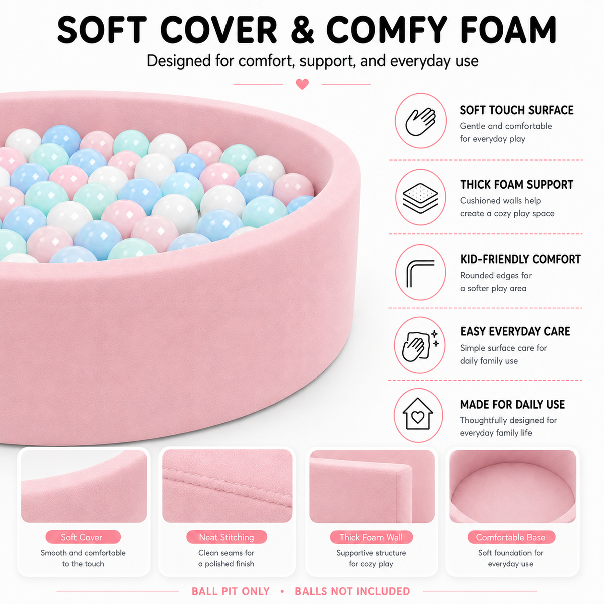 BEEPRINCESS Foam Ball Pit - Soft Play for Baby Infants and Toddlers Ages 1-3, Round Shape, No Balls Included, Pink