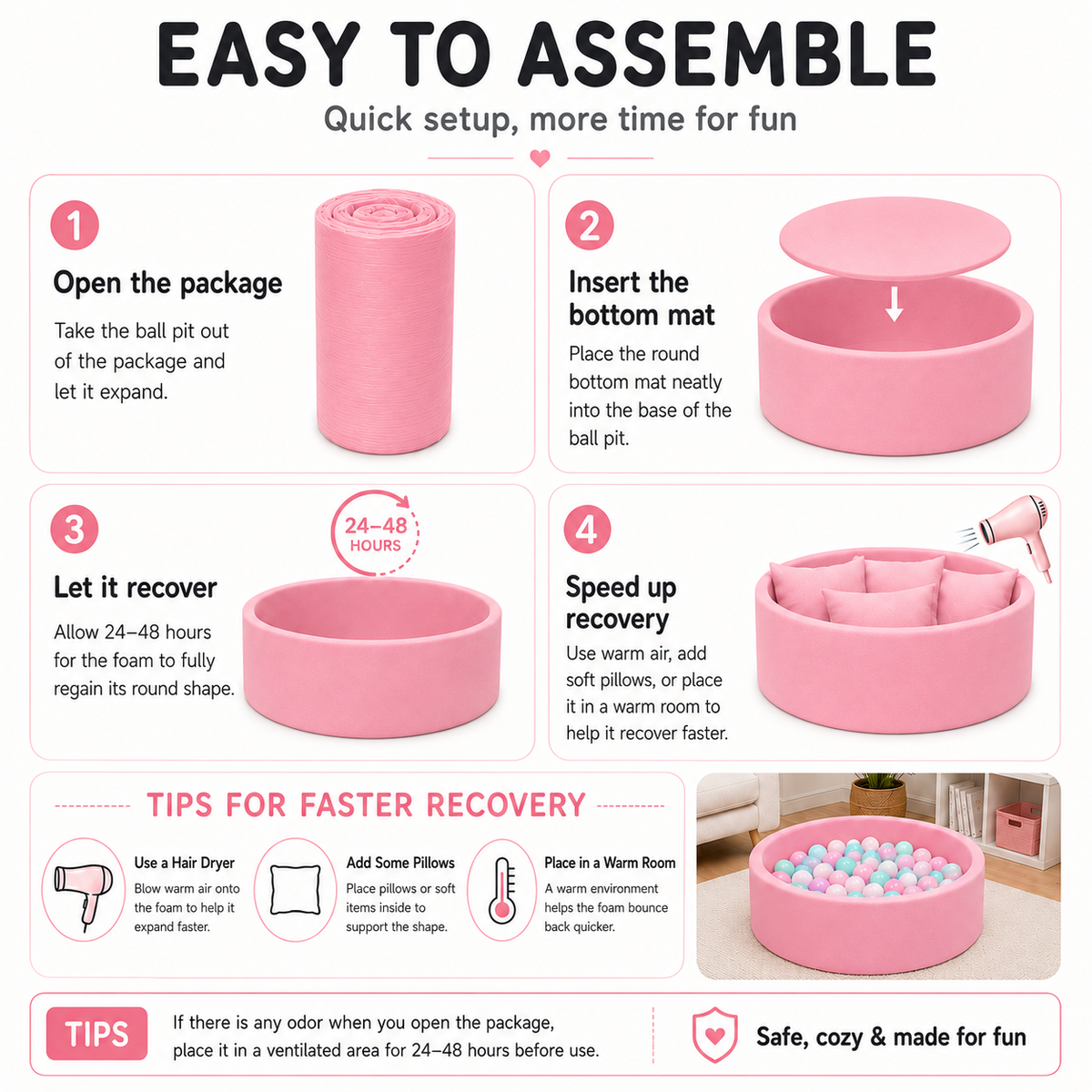 BEEPRINCESS Foam Ball Pit - Soft Play for Baby Infants and Toddlers Ages 1-3, Round Shape, No Balls Included, Pink