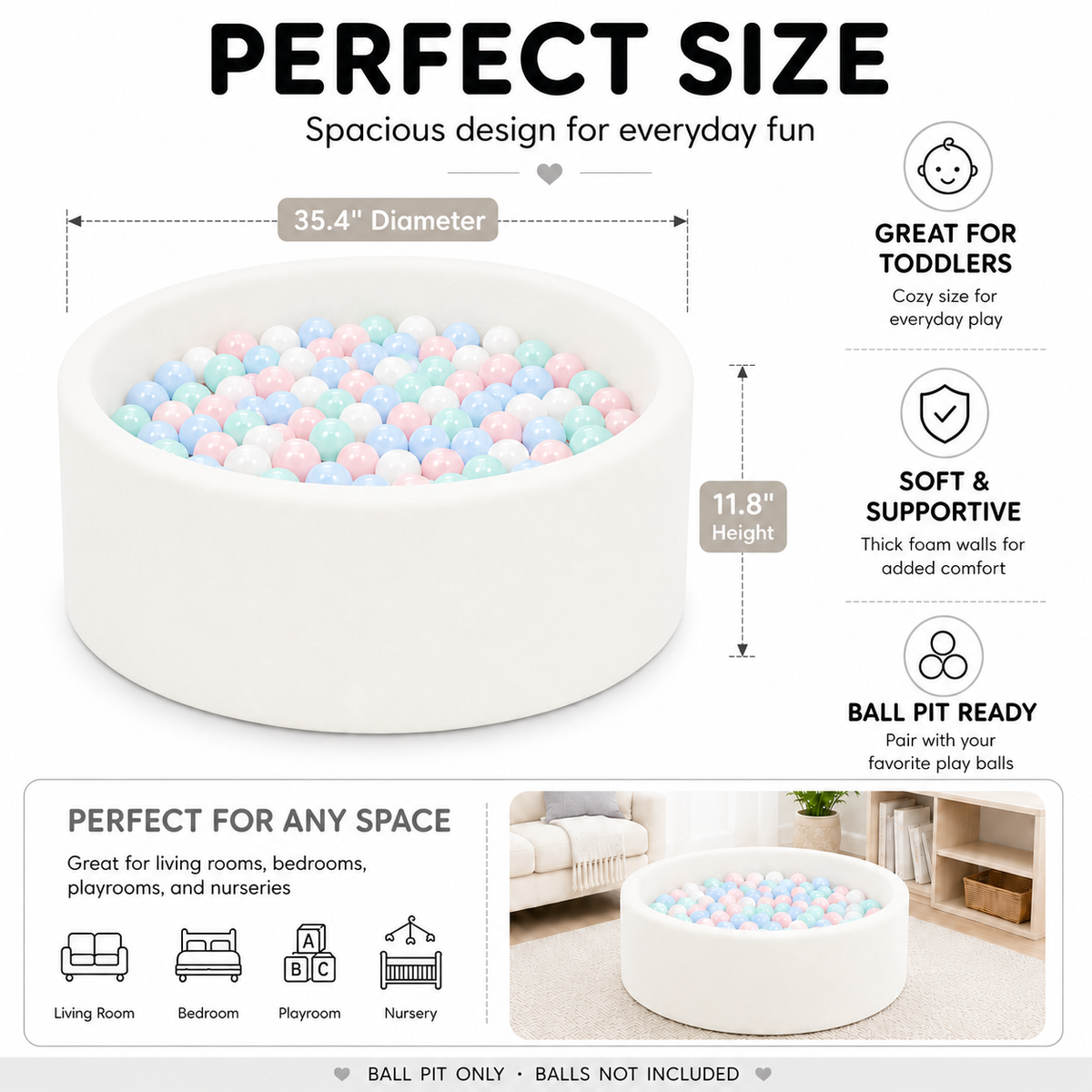 BEEPRINCESS Foam Ball Pit - Soft Play for Baby Infants and Toddlers Ages 1-3, Round Shape, No Balls Included, White