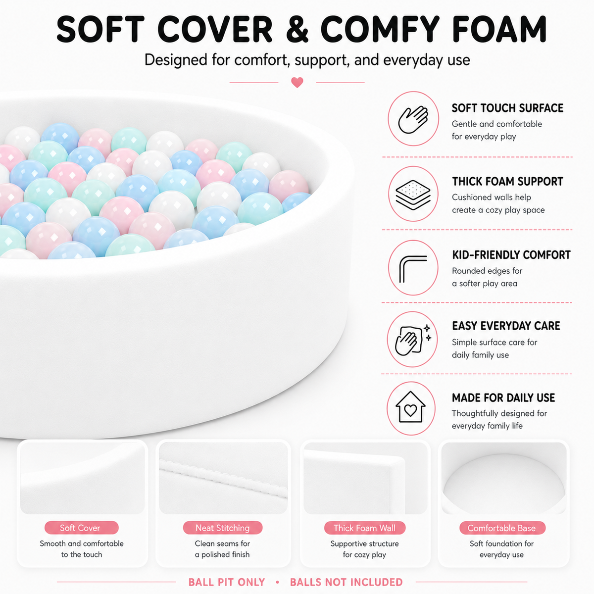 BEEPRINCESS Foam Ball Pit - Soft Play for Baby Infants and Toddlers Ages 1-3, Round Shape, No Balls Included, White