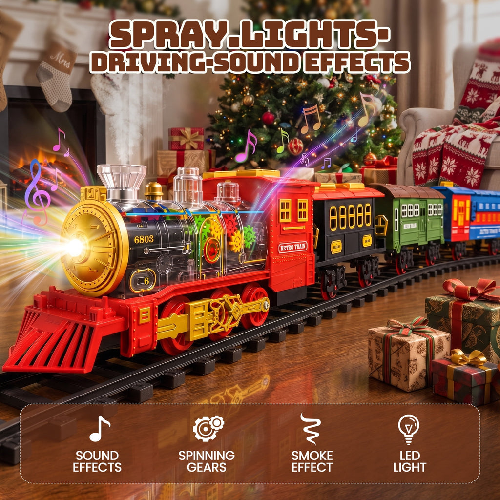 BEEPRINCESS Electric Train Set for Kids Ages 3+, Battery-Powered Toy Train with Steam, Lights & Sounds, 4 Mini Cars and Launcher