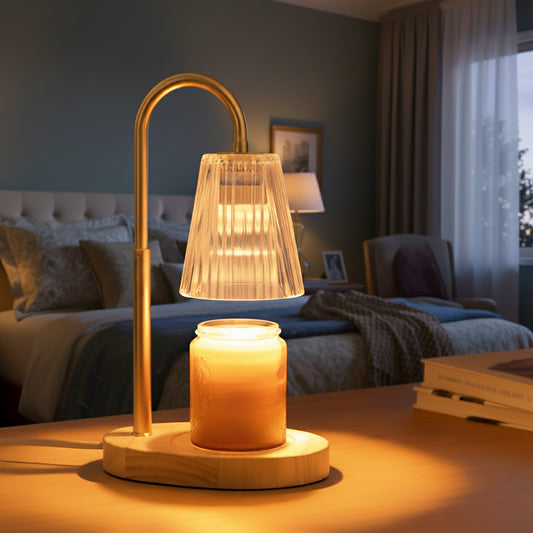 Candle Warmer Lamp with Timer, Dimmable, Adjustable Height - Electric Top Down Melting for All Jar Candles - Home Decor Wax Melter Light in Amber (Includes 2 Halogen Bulbs)