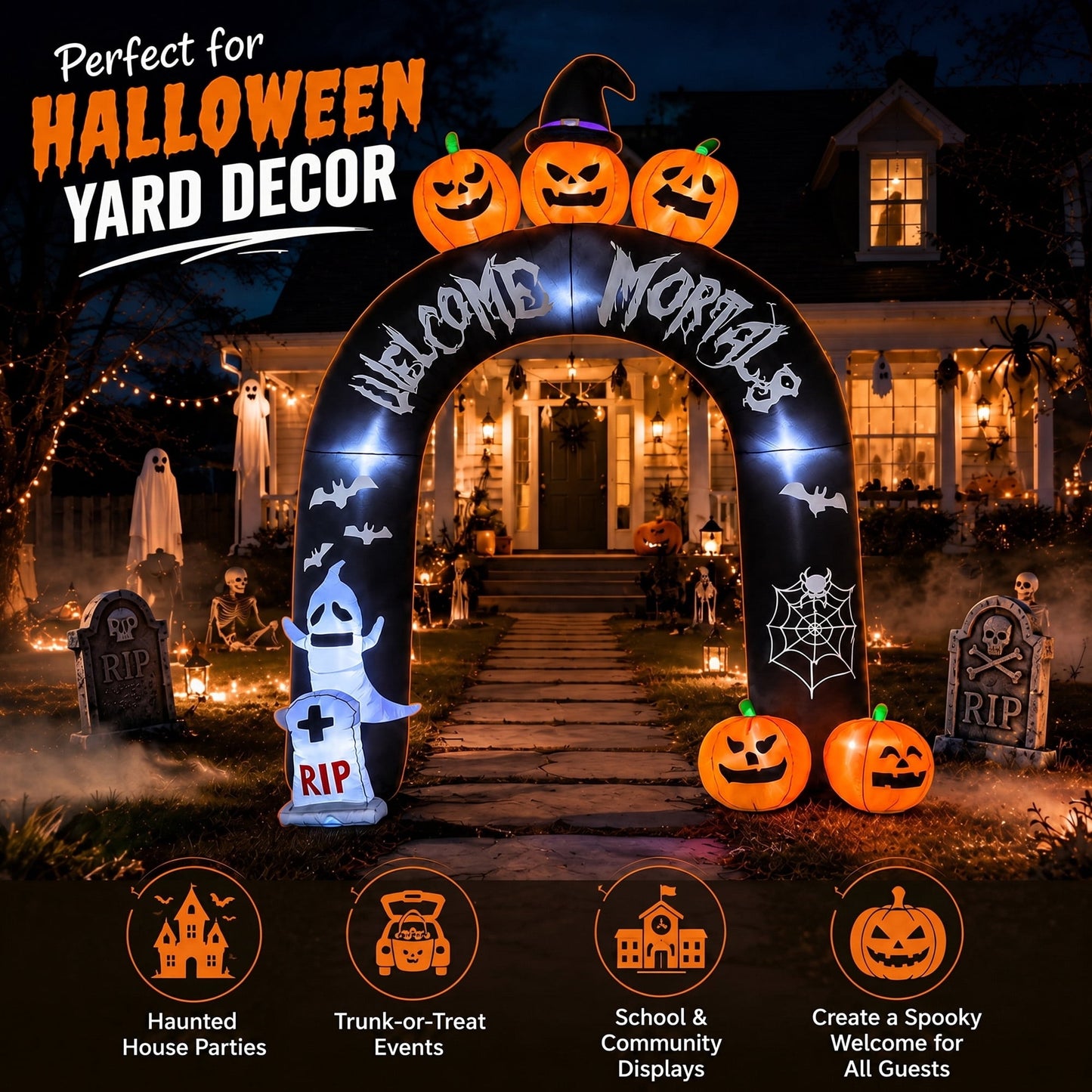 BEEPRINCESS 10FT Halloween Inflatable Arch for Outdoor Decor, LED Lighted Scary Archway with Ghost & Pumpkin, Blow Up Yard Decoration for Haunted Party Graveyard