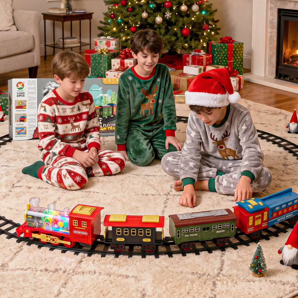 BEEPRINCESS Electric Train Set for Kids Ages 3+, Battery-Powered Toy Train with Steam, Lights & Sounds, 4 Mini Cars and Launcher