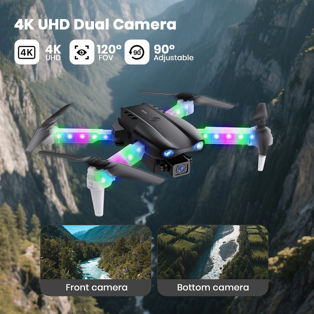 BEEPRINCESS Drone with Screen Remote Control and Cool Lights, RC Quadcopter with 4K HD Dual Camera for Beginner Adults Kids, Black