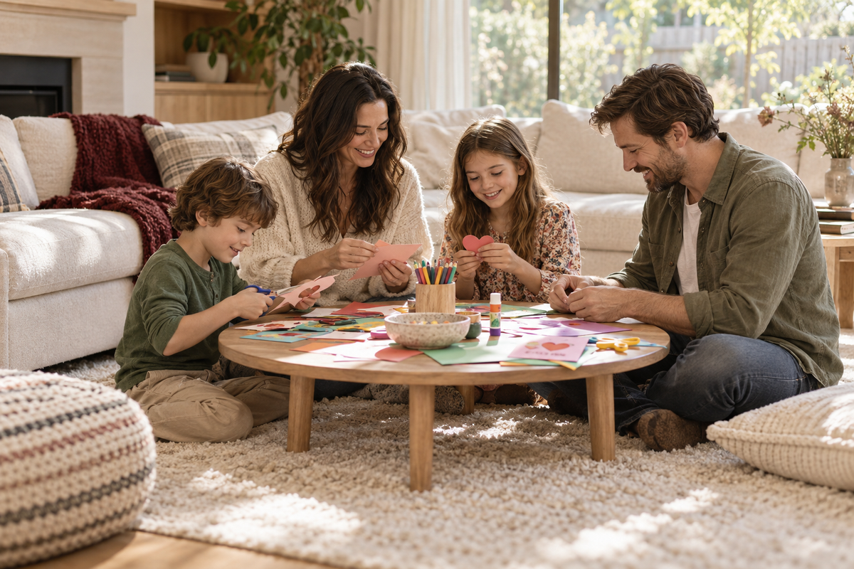 Family enjoying a creative afternoon together in a sunlit living room