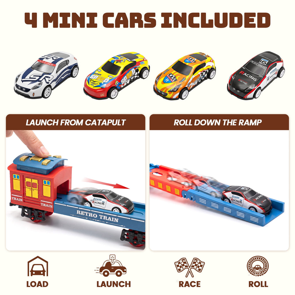 BEEPRINCESS Electric Train Set for Kids Ages 3+, Battery-Powered Toy Train with Steam, Lights & Sounds, 4 Mini Cars and Launcher