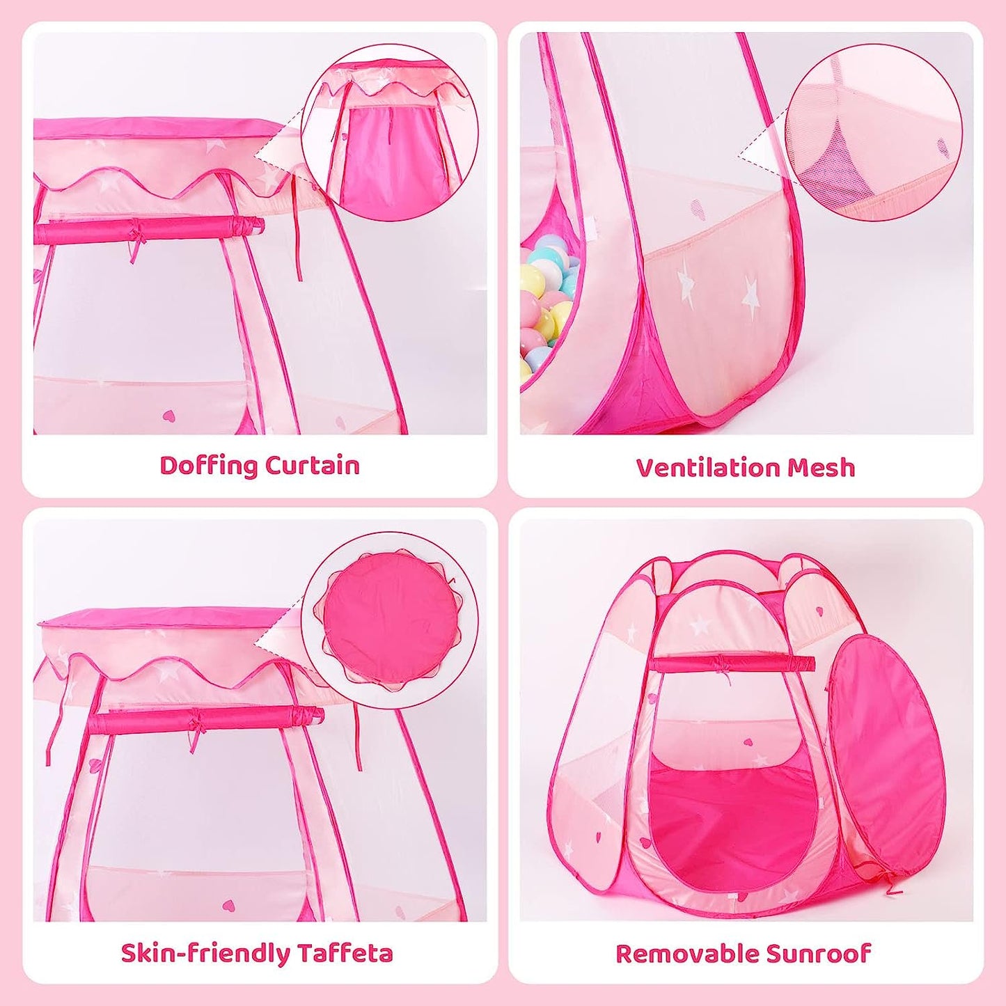 BEEPRINCESS Princess Playhouse Tent for Toddlers and Girls, Indoor & Outdoor Pop Up Play Tent for Kids, Foldable Ball Pit with Carrying Bag, Kids Playhouse Play Tent for 1 2 3 Years Old Birthday Gift